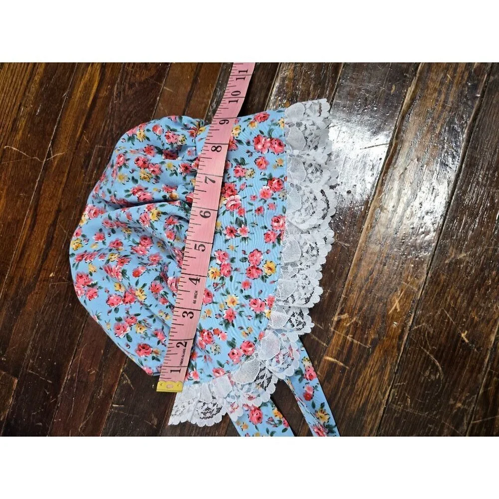 Vintage Blue Floral Lace Trim Baby Bonnet Heirloom Spring